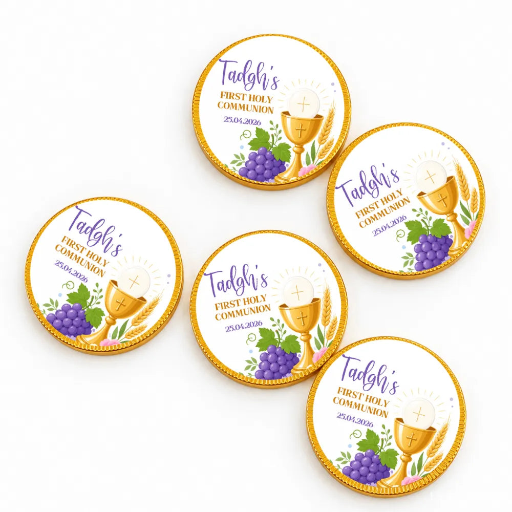 Gold-edged 40mm milk chocolate coins with white center purple grape and wheat design for first holy communion