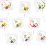 Personalised radiant chalice communion wrapped fruit lollipops with colorful grape and wheat design around chalice
