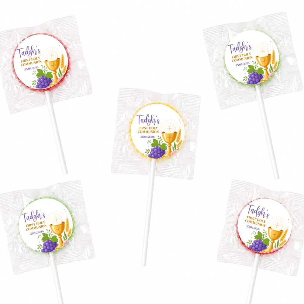 Personalized radiant chalice communion circular lollipop wrappers with gold chalices purple grapes and wheat for lollipop favours