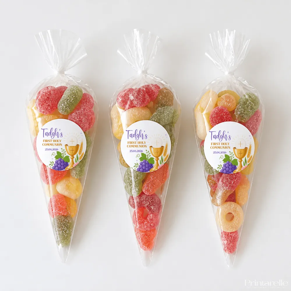 Three clear plastic communion sweet cones filled with colorful gummy candies in three sizes sealed at top