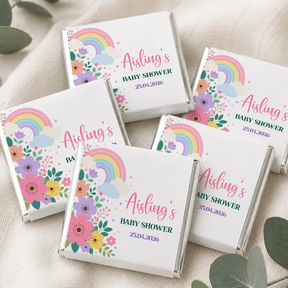 Pastel rainbow and floral themed baby shower mini neapolitan chocolates with personalized text in rainbow blooms design