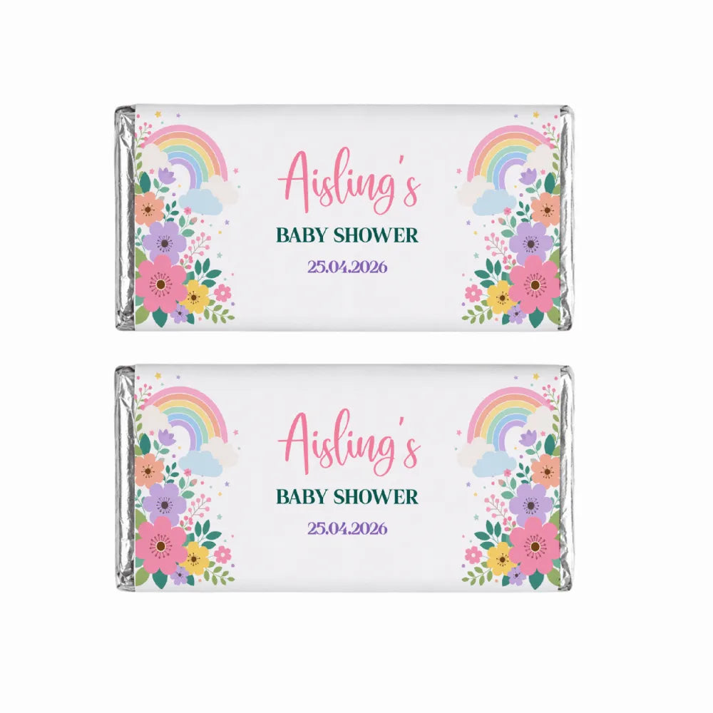 Pastel floral and rainbow themed personalised 40g chocolate bars perfect for aisling’s baby shower celebration