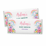 A personalized 40g white chocolate bar with colorful rainbows and pastel flowers for aisling baby shower