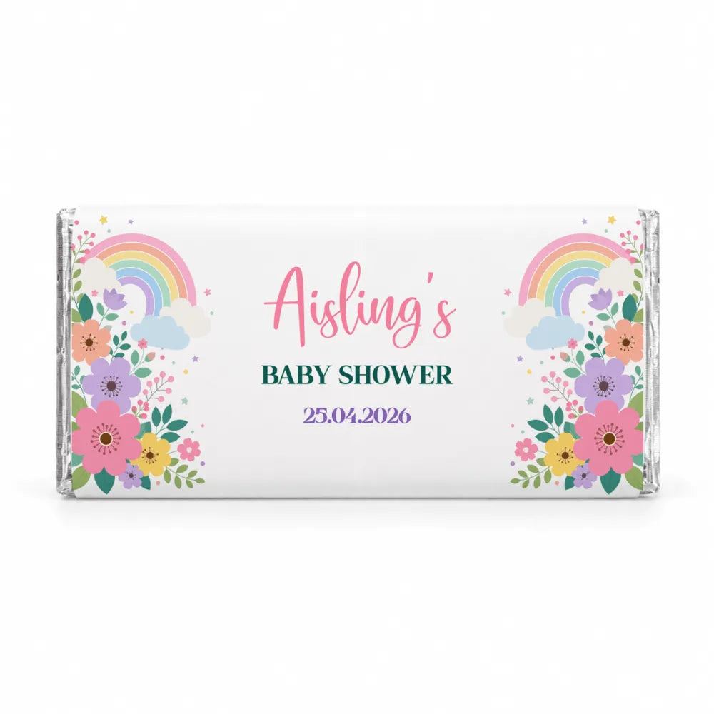 A personalized 40g white chocolate bar wrapped in clear foil with colorful floral and rainbow designs for baby shower