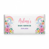 A personalized 40g white chocolate bar wrapped in clear foil with colorful floral and rainbow designs for baby shower