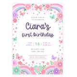 Rainbow Butterfly 1st Birthday Party Invitation | Pink Bow - birthday party, rainbow butterfly 1st, butterfly 1st