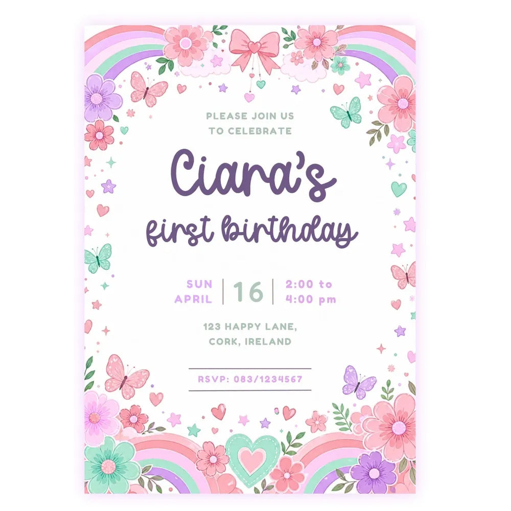 Rainbow Butterfly 1st Birthday Party Invitation | Pink Bow - birthday party, rainbow butterfly 1st, butterfly 1st
