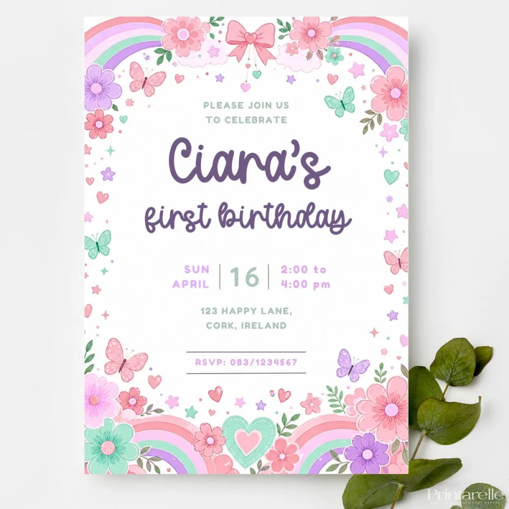 Rainbow Butterfly 1st Birthday Party Invitation | Pink Bow - birthday party, rainbow butterfly 1st, butterfly 1st