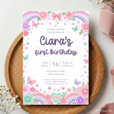 Rainbow Butterfly 1st Birthday Party Invitation | Pink Bow - birthday party, rainbow butterfly 1st, butterfly 1st