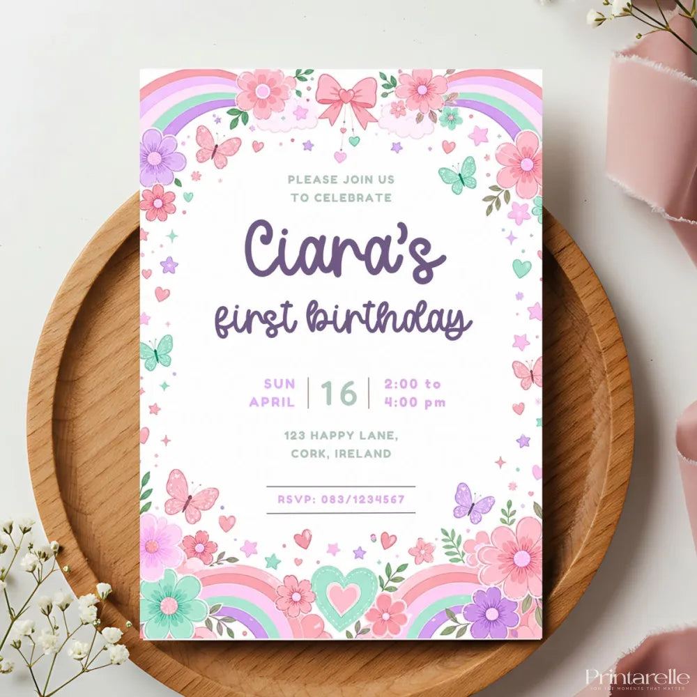 Rainbow Butterfly 1st Birthday Party Invitation | Pink Bow - birthday party, rainbow butterfly 1st, butterfly 1st