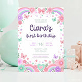 Rainbow Butterfly 1st Birthday Party Invitation | Pink Bow - birthday party, rainbow butterfly 1st, butterfly 1st