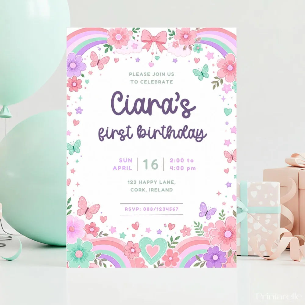Rainbow Butterfly 1st Birthday Party Invitation | Pink Bow - birthday party, rainbow butterfly 1st, butterfly 1st