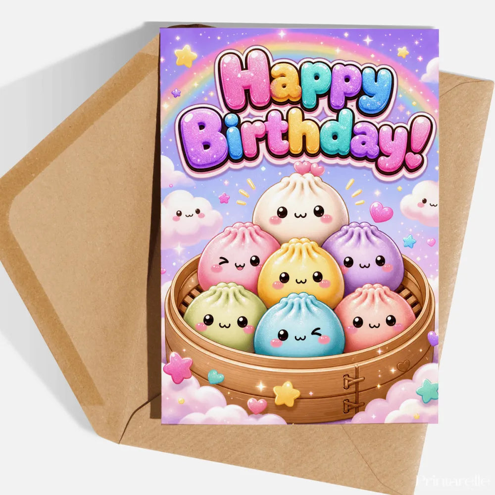 Rainbow Dumpling Birthday Card | Kawaii Steamer Party - birthday card, seven colourful kawaii, colourful kawaii