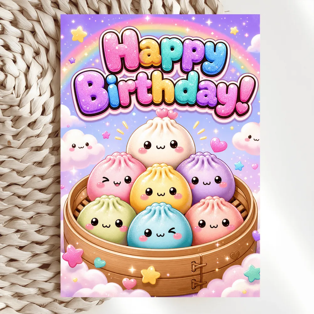Rainbow Dumpling Birthday Card | Kawaii Steamer Party - birthday card, seven colourful kawaii, colourful kawaii