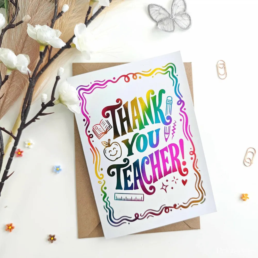 Rainbow Thank You Teacher Foil Card - rainbow foil, stunning rainbow foil, teacher foil card, stunning rainbow, teacher