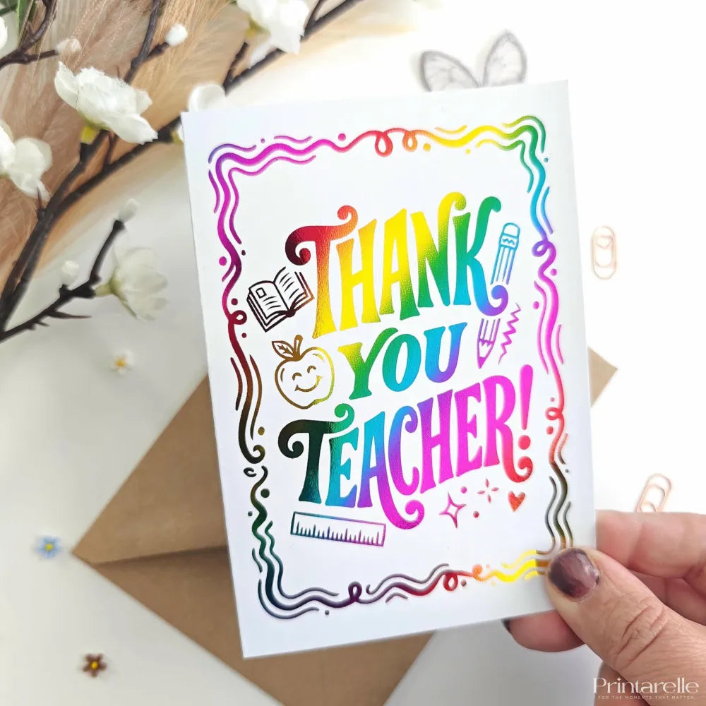 Rainbow Thank You Teacher Foil Card - rainbow foil, stunning rainbow foil, teacher foil card, stunning rainbow, teacher