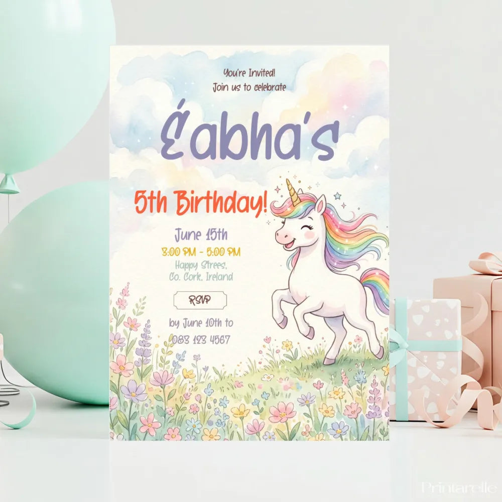 Rainbow Unicorn Birthday Party Invitation - rainbow unicorn, birthday party, rainbow unicorn birthday, unicorn birthday