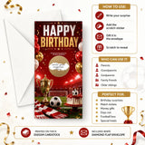 Red football stadium birthday scratch card with red and gold soccer design and a scratch reveal area for birthday scratch fun