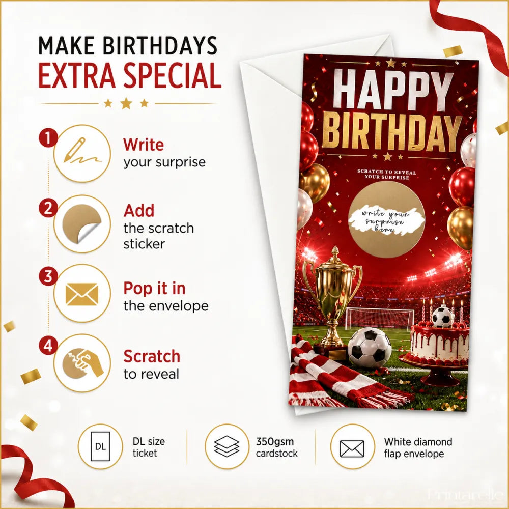 Red football stadium birthday scratch card in red and gold with soccer scene balloons trophy cake for scratch reveal fun