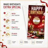 Red football stadium birthday scratch card in red and gold with soccer scene balloons trophy cake for scratch reveal fun