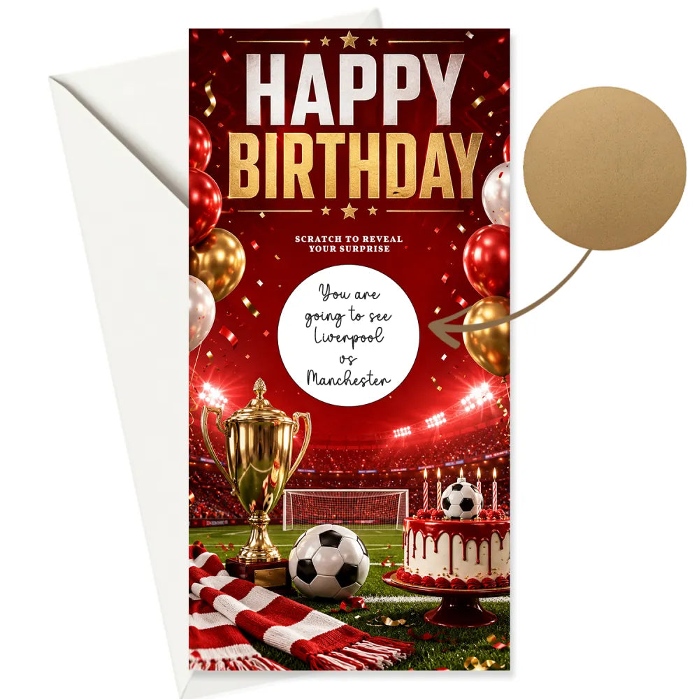 Red football stadium birthday scratch card with red and gold design featuring soccer scene for fun birthday scratch reveal