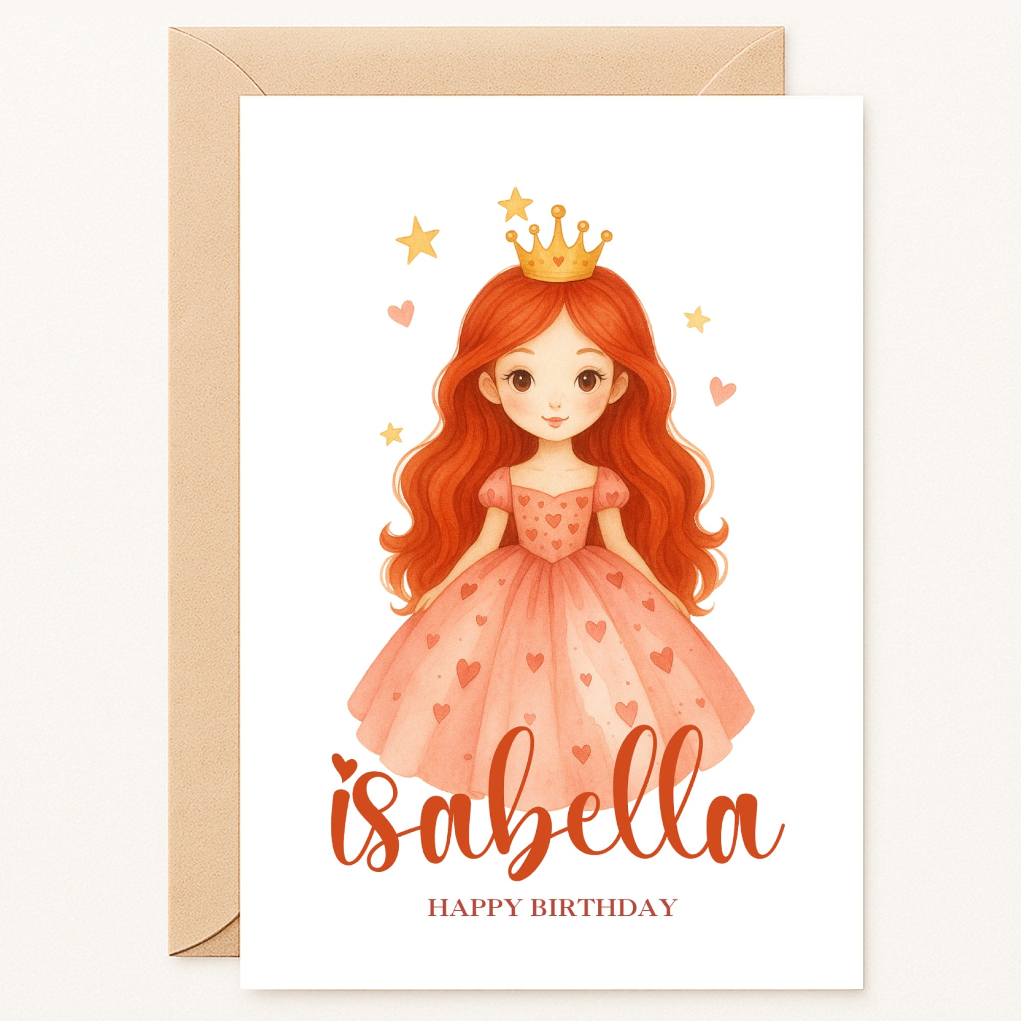 personalised birthday card with red-haired princess in pink dress with crown