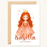 personalised birthday card with red-haired princess in pink dress with crown