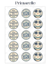 Set of retirement edible cupcake toppers with vintage text and tropical designs in beige navy blue and orange tones