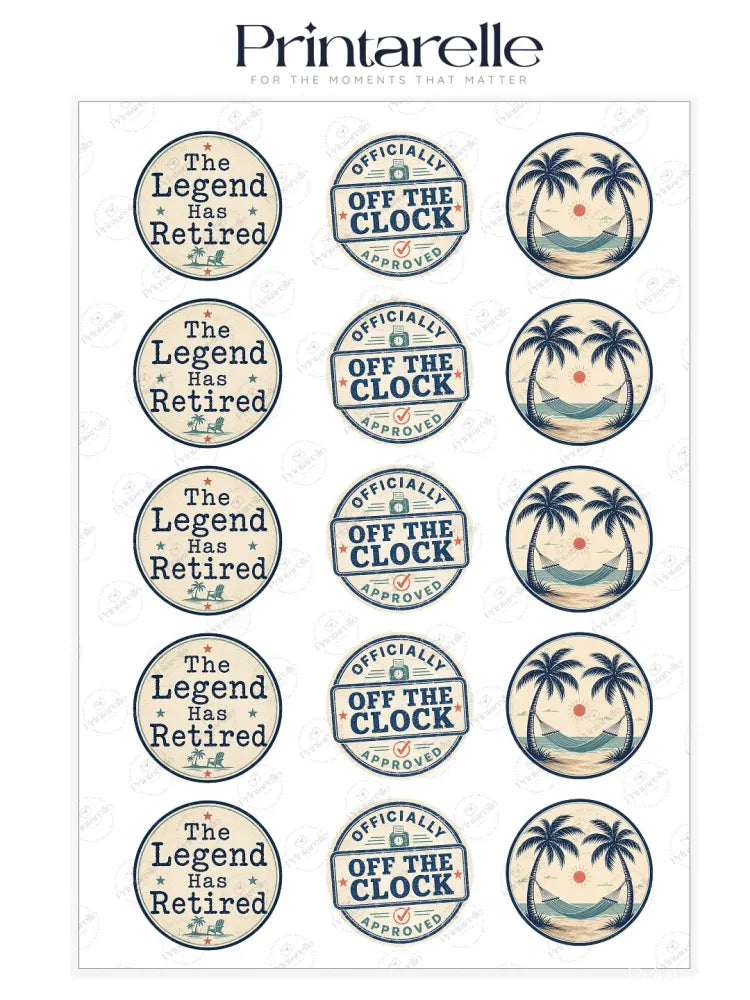 Set of retirement edible cupcake toppers with vintage text and tropical designs in beige navy blue and orange tones