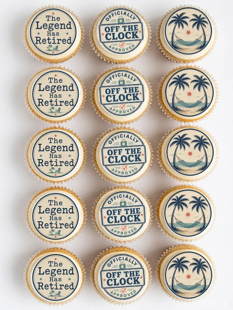 Retirement edible cupcake toppers with white frosting navy blue printed designs and tropical beach scenes