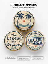 Beige and navy blue edible cupcake toppers with tropical beach scenes and retro retirement text designs vintage style