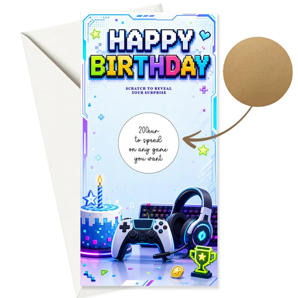 A vibrant retro gaming birthday scratch reveal card with colorful pixel art, controllers, headphones, and trophy illustrations