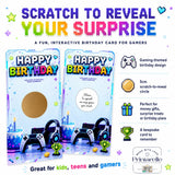 Retro gaming birthday scratch card with vibrant pixel art and gold scratch reveal area featuring controller and headset designs
