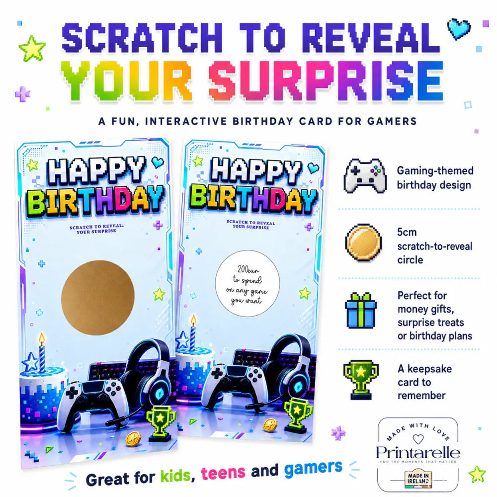 Retro gaming birthday scratch card with vibrant pixel art and gold scratch reveal area featuring controller and headset designs