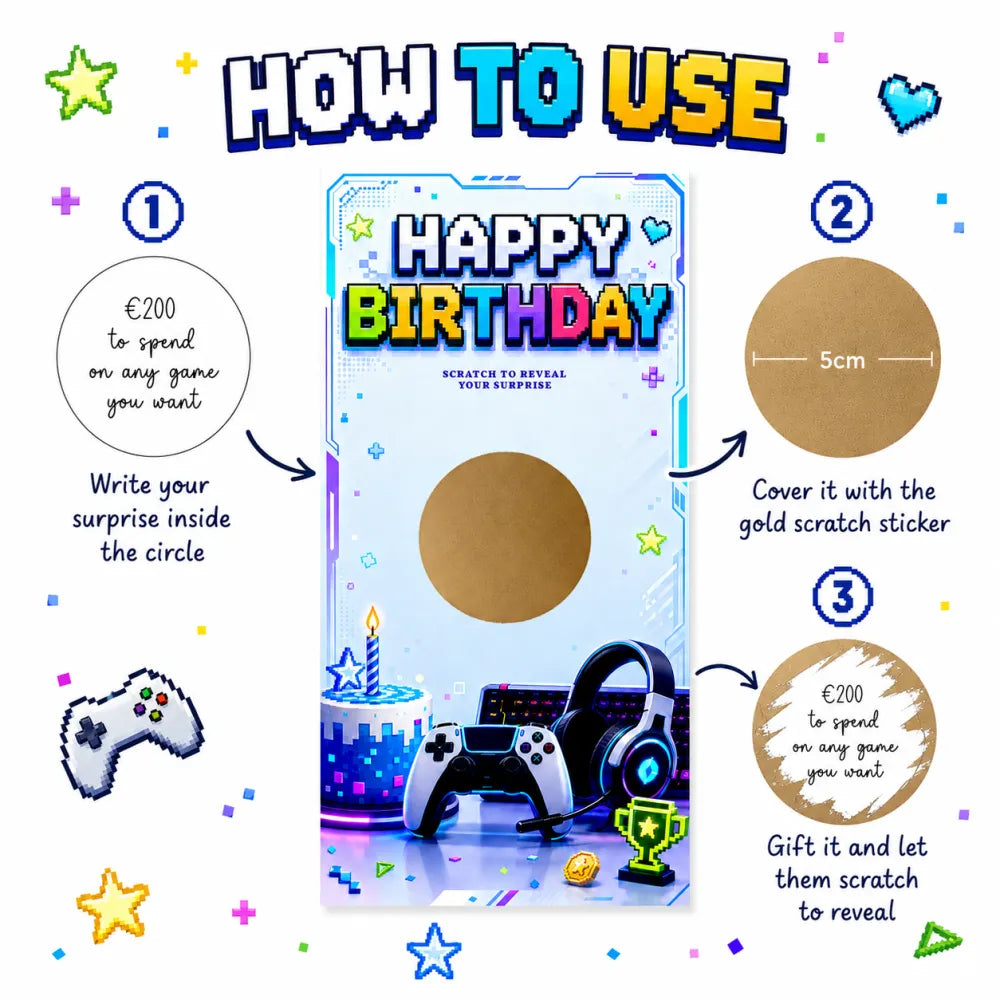 Retro gaming birthday scratch card with vibrant pixel art and gold circular scratch reveal area for a fun scratch reveal card