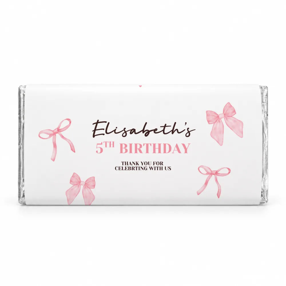 White chocolate bar with pink watercolor ribbon frame wrapper personalised 40g for elisabeths 5th birthday