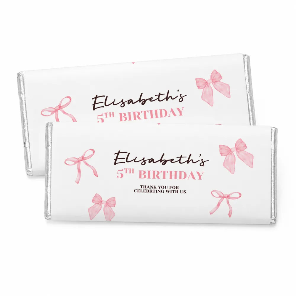 Personalised 40g white chocolate bar with pink ribbon frame design for elisabeth’s 5th birthday celebration