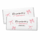Personalised 40g white chocolate bar with pink ribbon frame design for elisabeth’s 5th birthday celebration