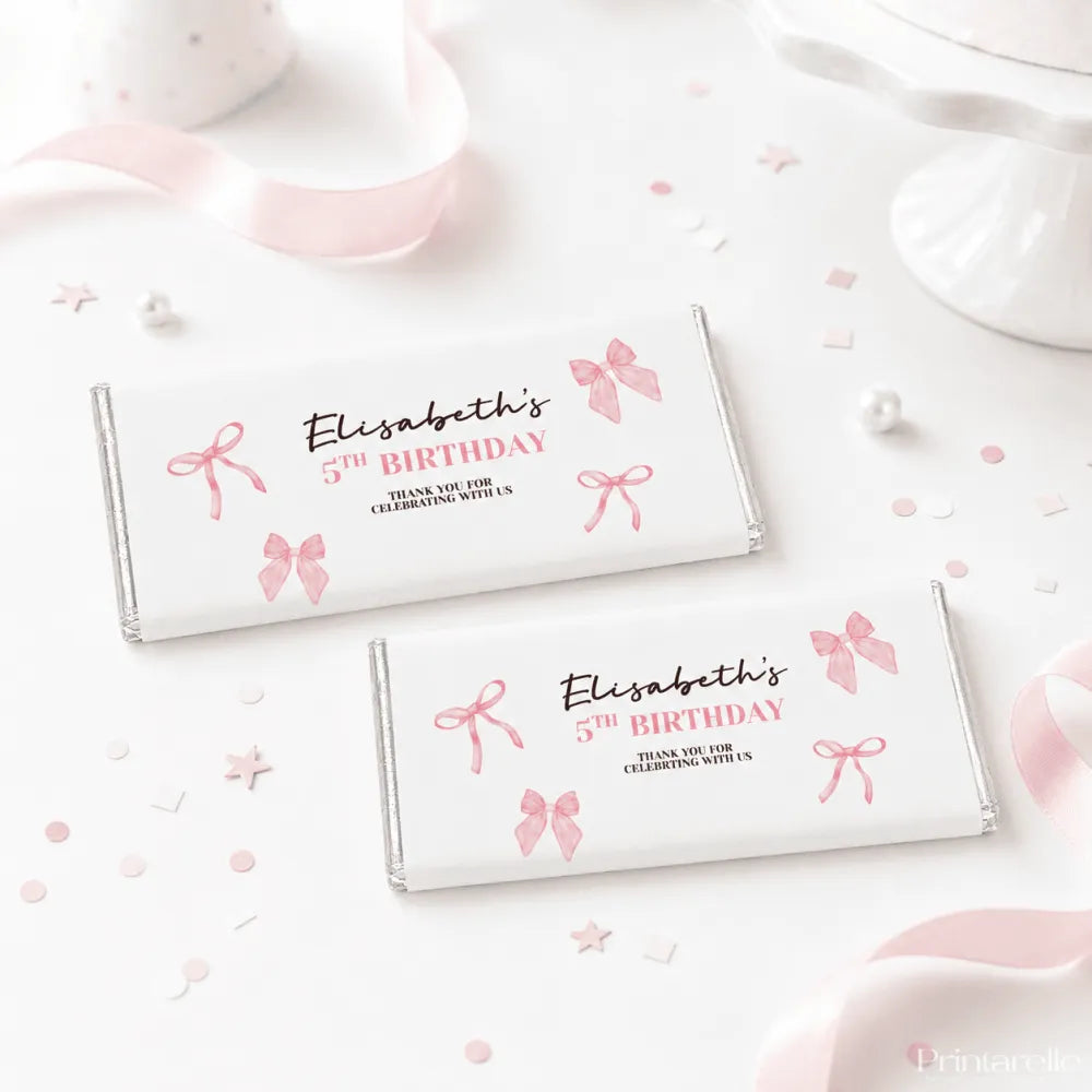 Personalised 40g chocolate bars with pink ribbon designs for elizabeths 5th birthday in ribbons and bows style