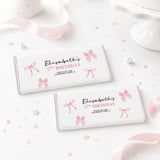 Personalised 40g chocolate bars with pink ribbon designs for elizabeths 5th birthday in ribbons and bows style