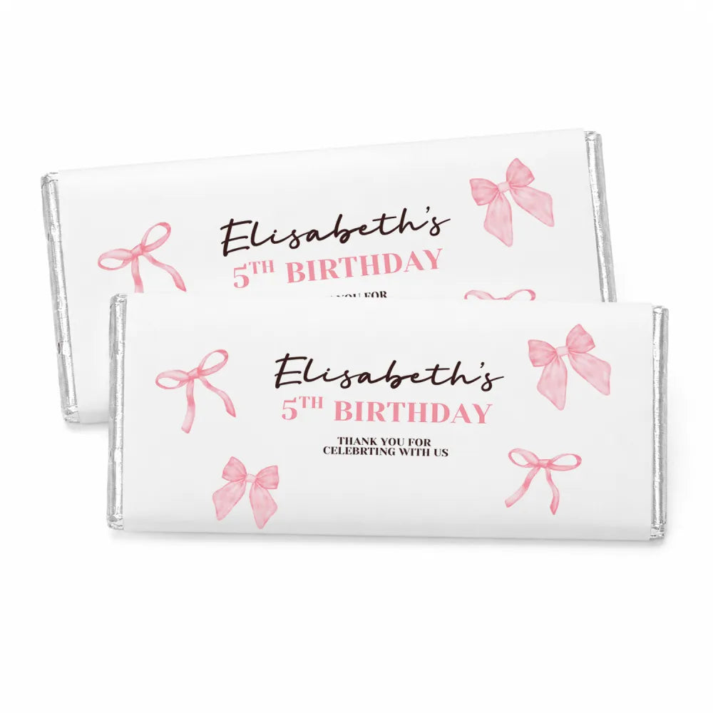 White chocolate personalised 40g chocolate bar with pink bows and elisabeths 5th birthday text on wrapper