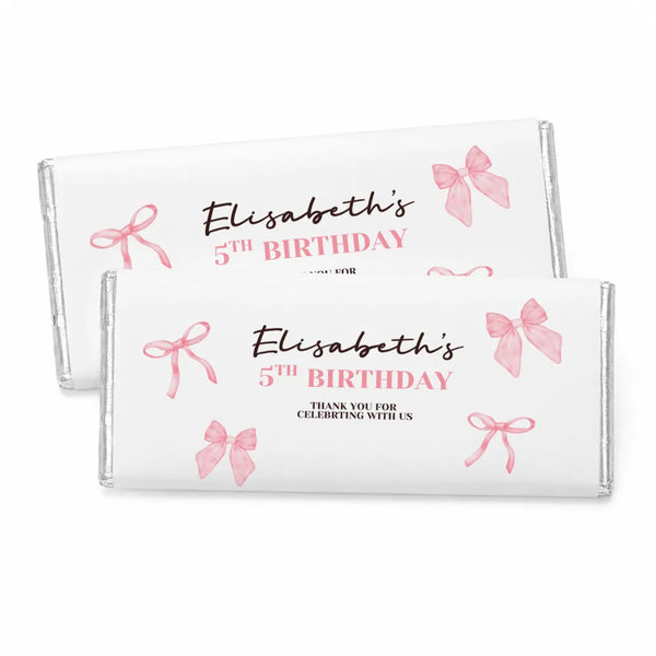 White chocolate personalised 40g chocolate bar with pink bows and elisabeths 5th birthday text on wrapper