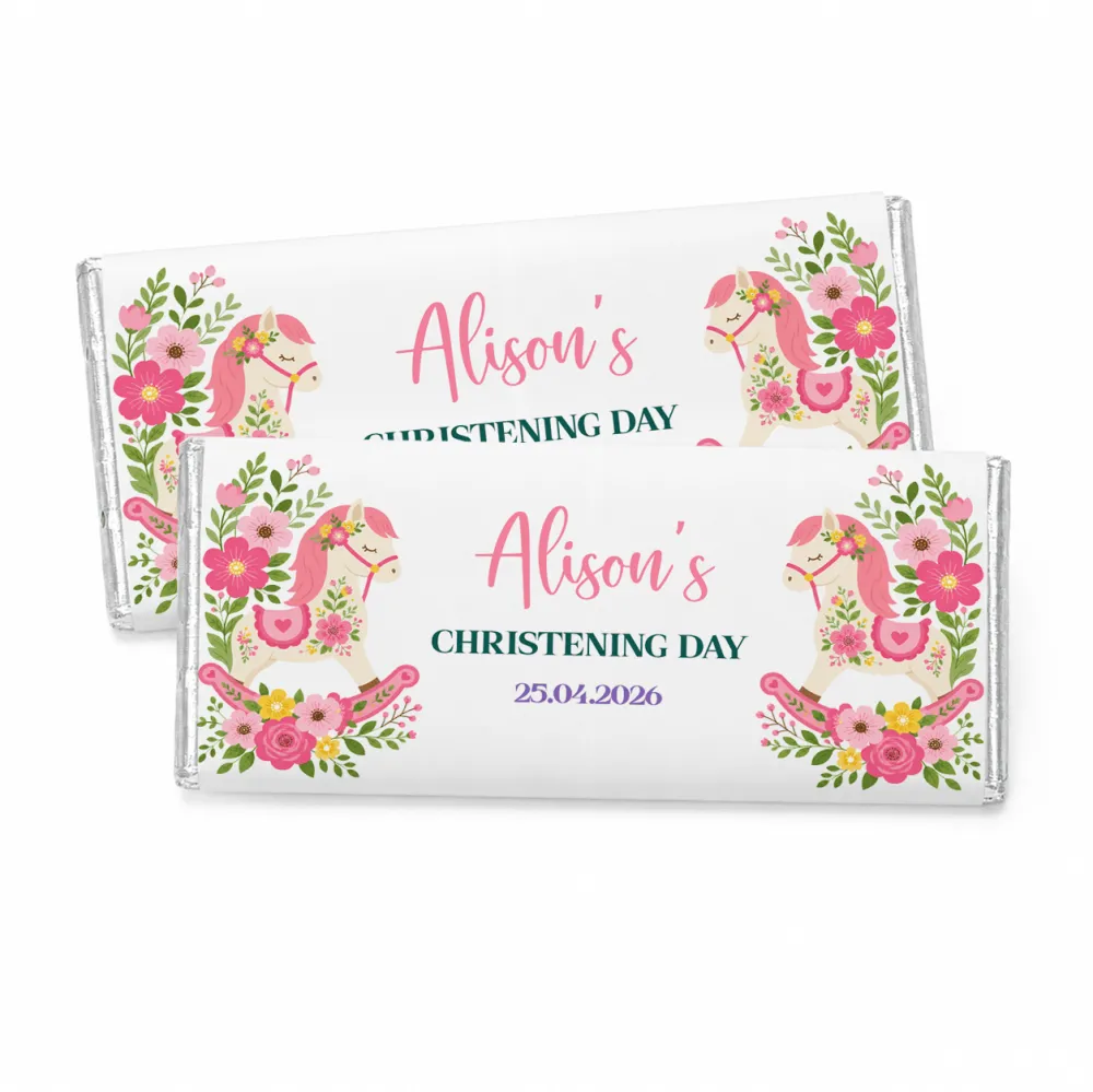 Pink and green floral rocking horse chocolate bars personalized for alison’s christening day 40g chocolate bars