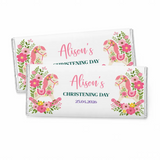 Pink and green floral rocking horse chocolate bars personalized for alison’s christening day 40g chocolate bars