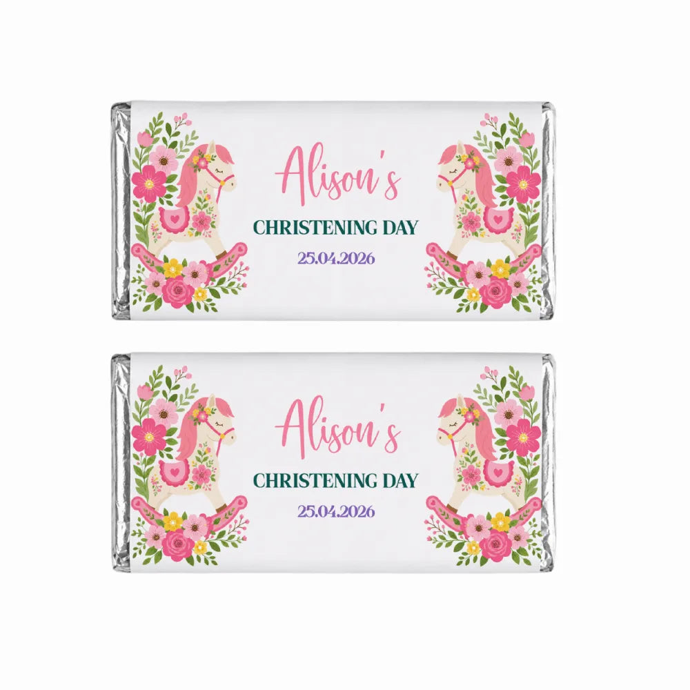 Pink and green floral rocking horse chocolate bars personalized with alisons christening day on silver wrapped 40g chocolate bars