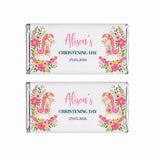 Pink and green floral rocking horse chocolate bars personalized with alisons christening day on silver wrapped 40g chocolate bars