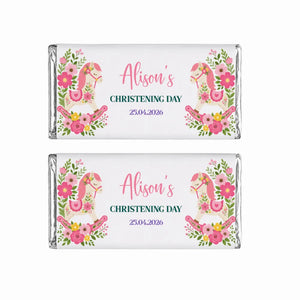 Pink and green floral rocking horse chocolate bars personalized with alisons christening day on silver wrapped 40g chocolate bars
