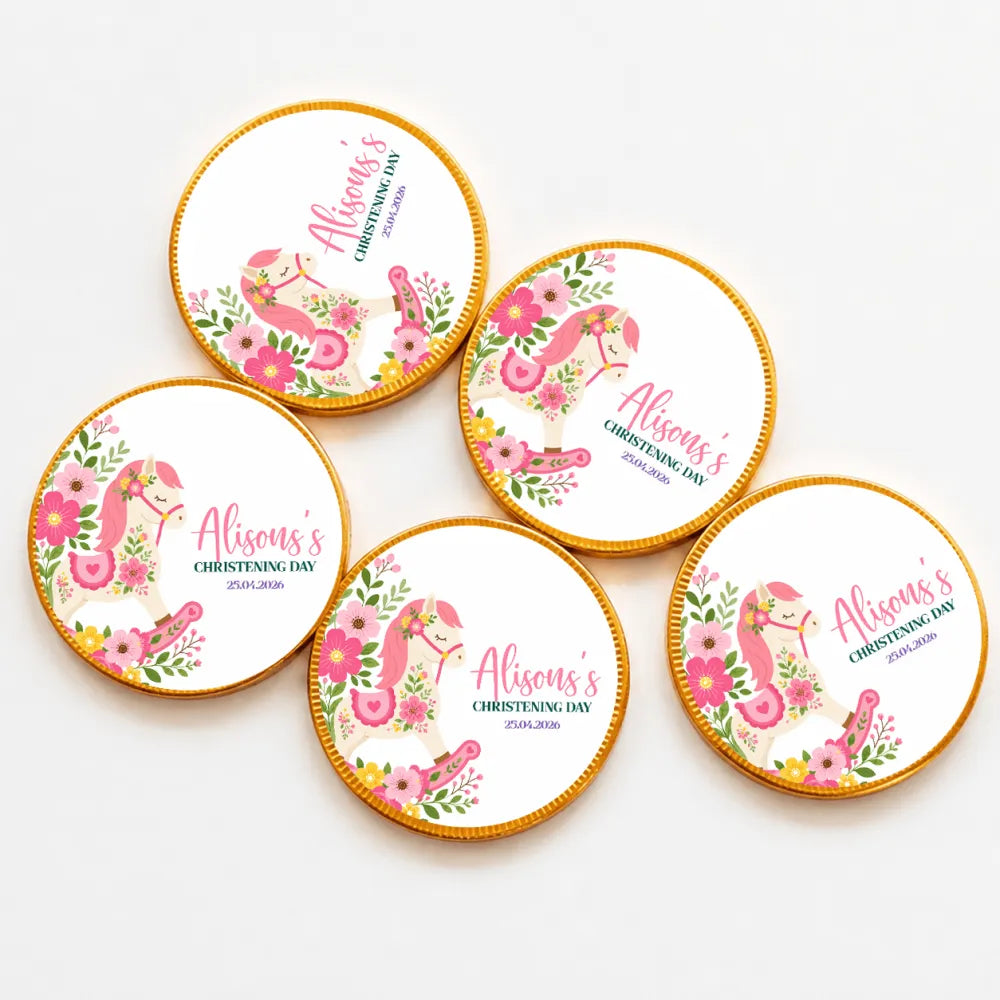 Pink rocking horse christening chocolate coins with floral designs and gold foil edges for personalized gifts