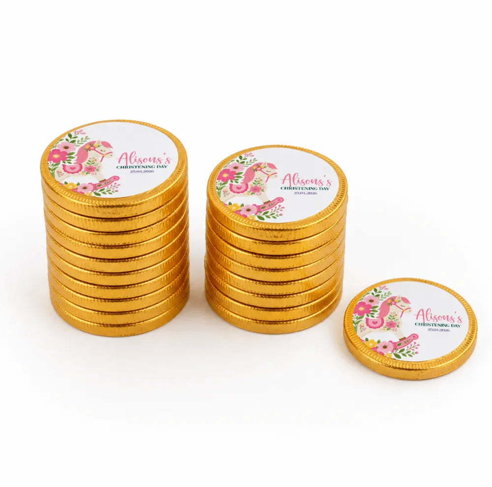 Gold wrapping rocking horse christening chocolate coins personalized with pink flamingo and floral labels for alison’s day