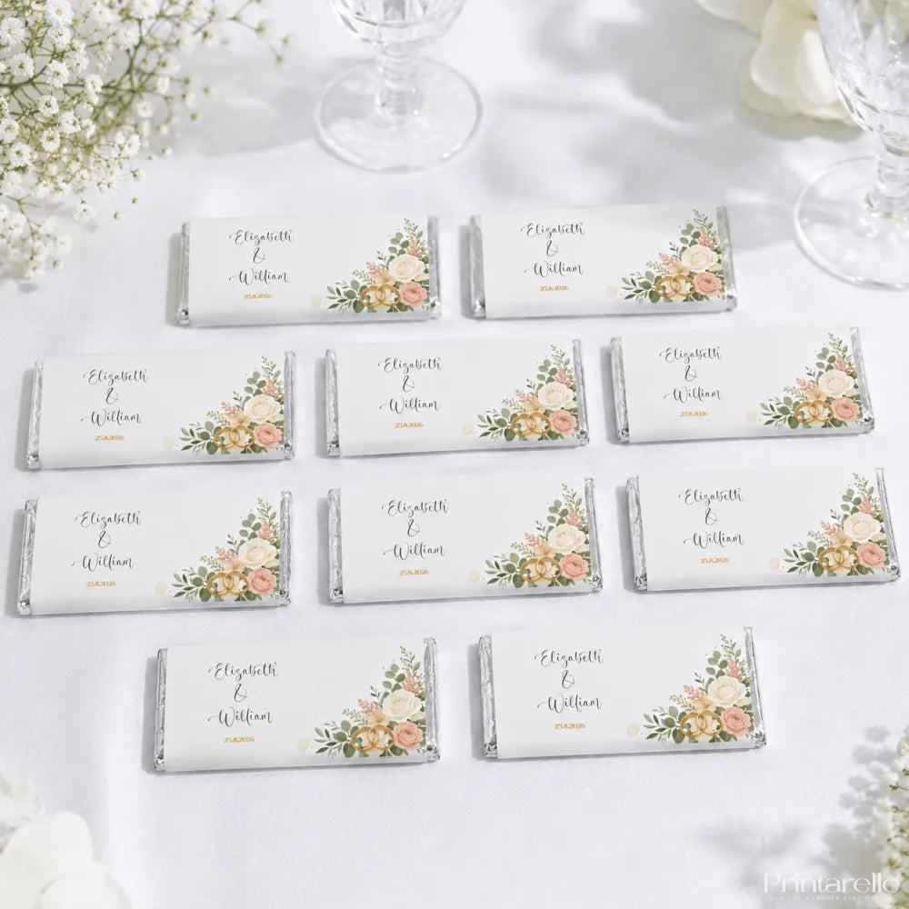 White chocolate bar with blush rose floral design in soft peach cream and green personalised 40g chocolate bar